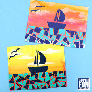 Paper mosaic sunset boat scene