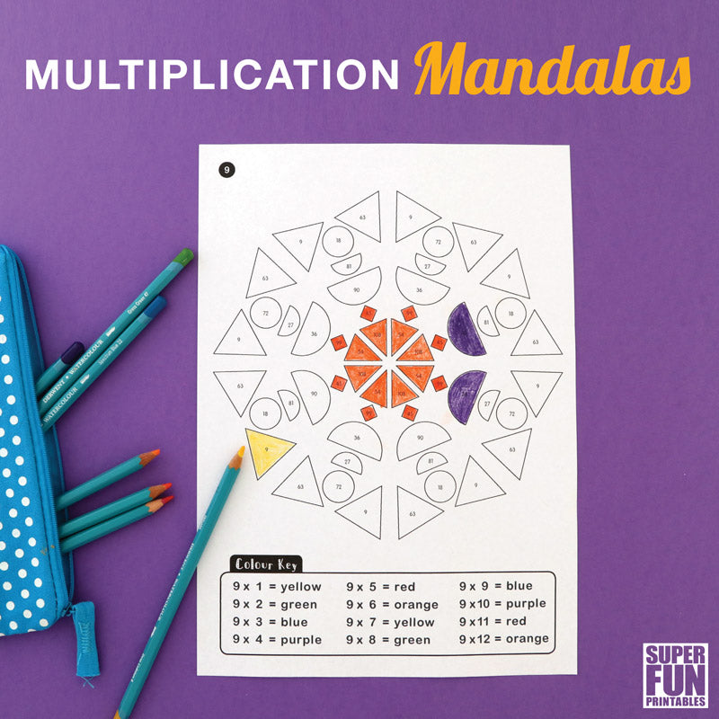Multiplication mandalas – geometric shape colouring pages to help kids learn times tables